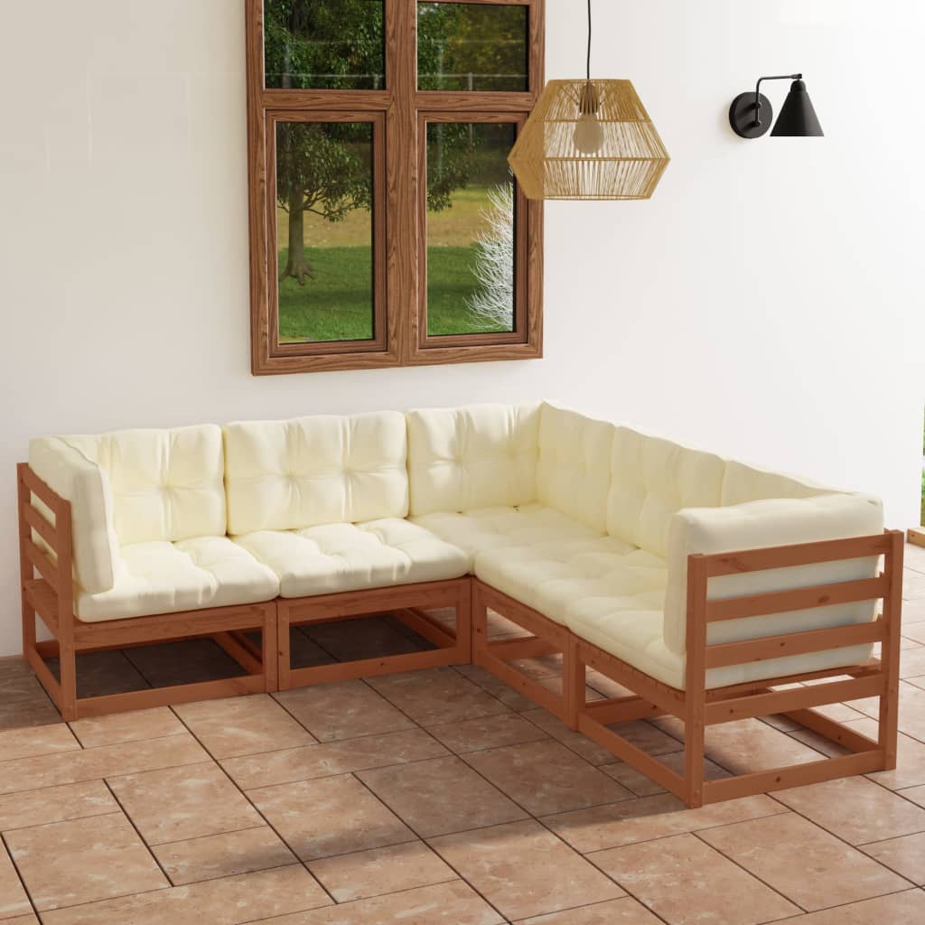 vidaXL 5 pcs conjunto lounge de jardim c/ almofadões pinho maciço