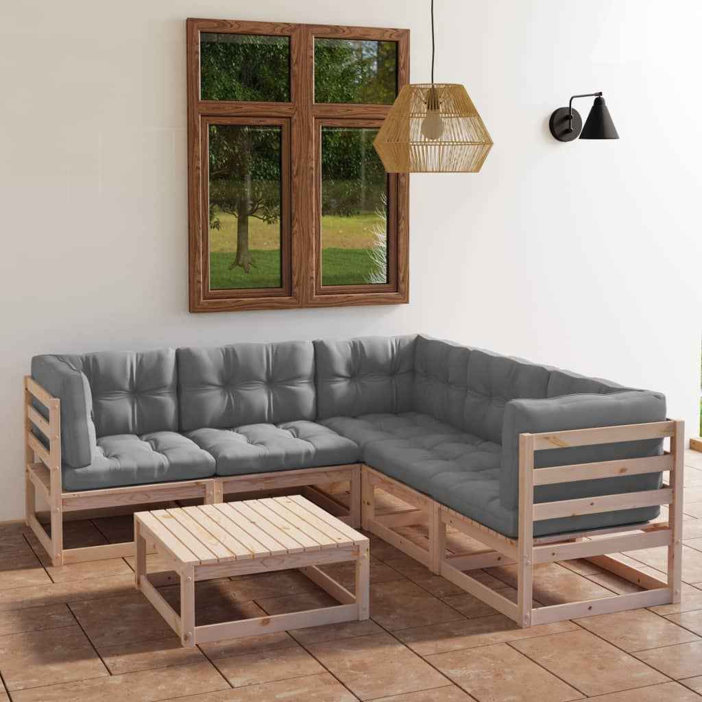 vidaXL 6 pcs conjunto lounge de jardim com almofadões pinho maciço