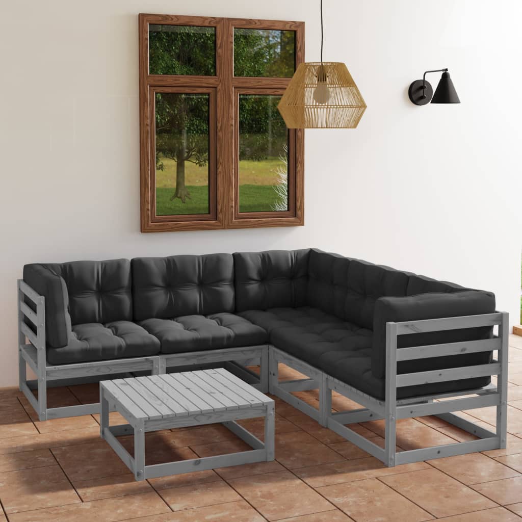 vidaXL 6 pcs conjunto lounge de jardim com almofadões pinho maciço