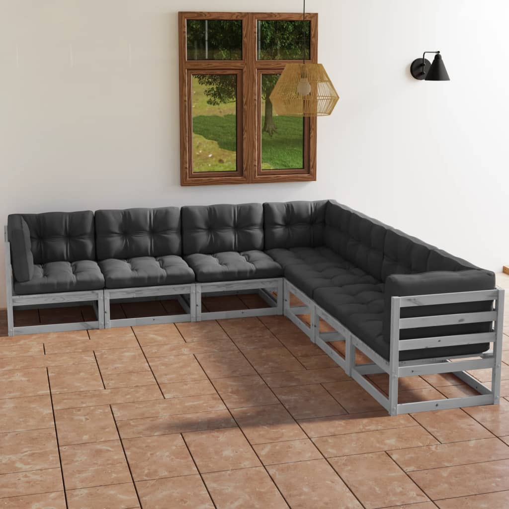 vidaXL 7 pcs conjunto lounge de jardim c/ almofadões pinho maciço