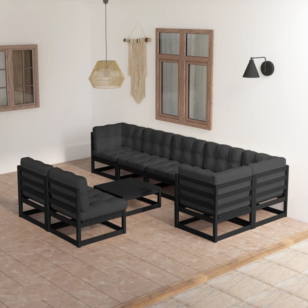vidaXL 9 pcs conjunto lounge de jardim pinho maciço preto
