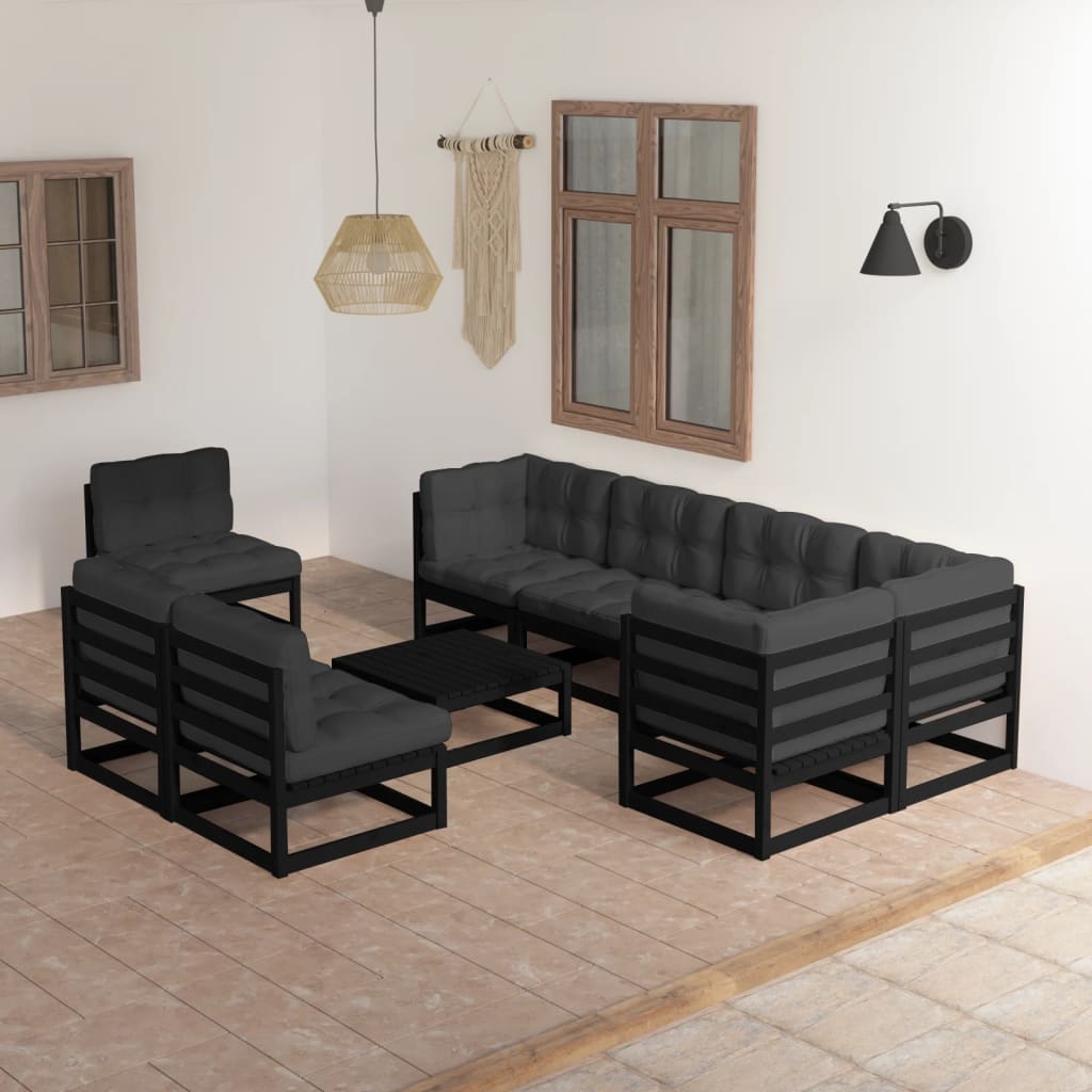 vidaXL 9 pcs conjunto lounge de jardim pinho maciço preto