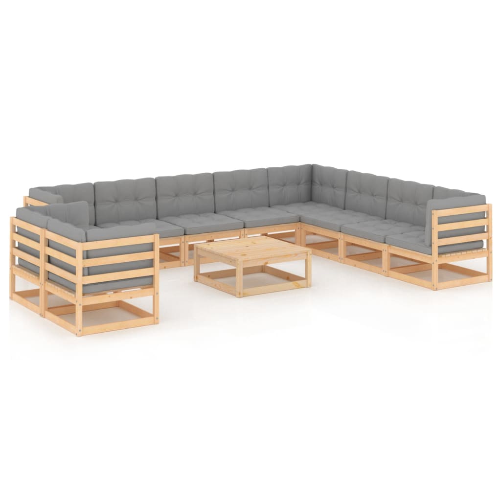 vidaXL 11 pcs conjunto lounge de jardim c/ almofadões pinho maciço