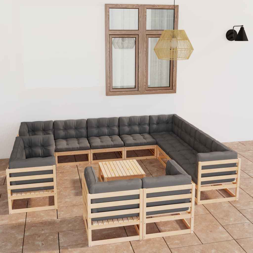 vidaXL 13 pcs conjunto lounge de jardim c/ almofadões pinho maciço