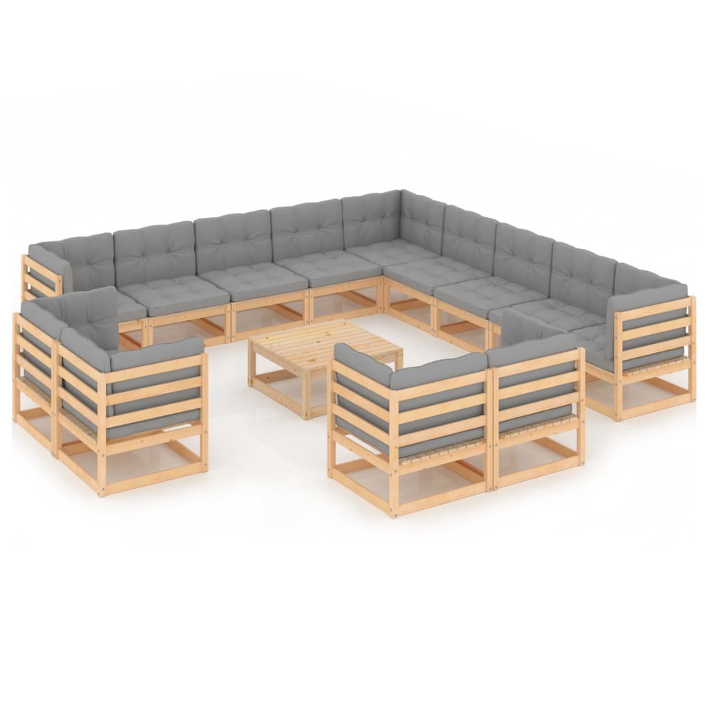 vidaXL 14 pcs conjunto lounge de jardim com almofadões pinho maciço