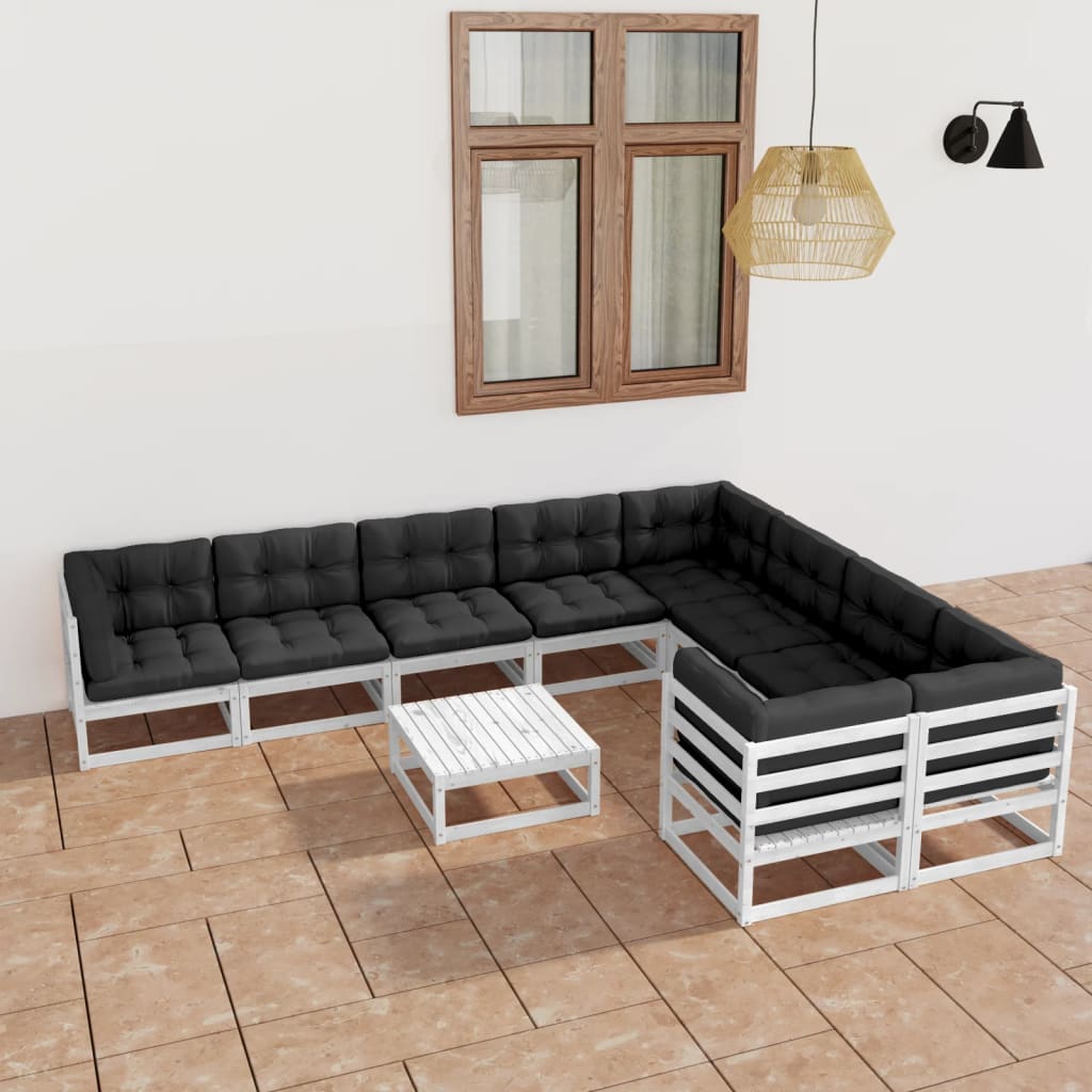 vidaXL 10 pcs conjunto lounge de jardim c/ almofadões pinho maciço