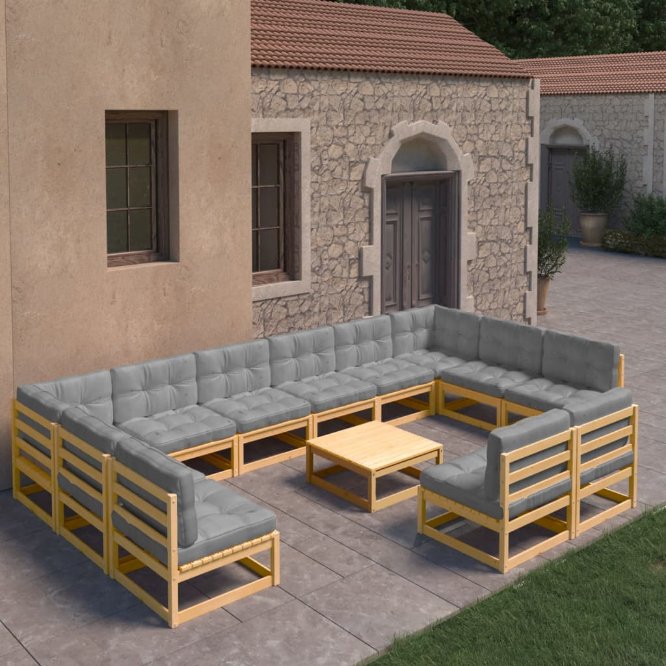 vidaXL 13 pcs conj. lounge jardim c/ almofadões antracite pinho maciço