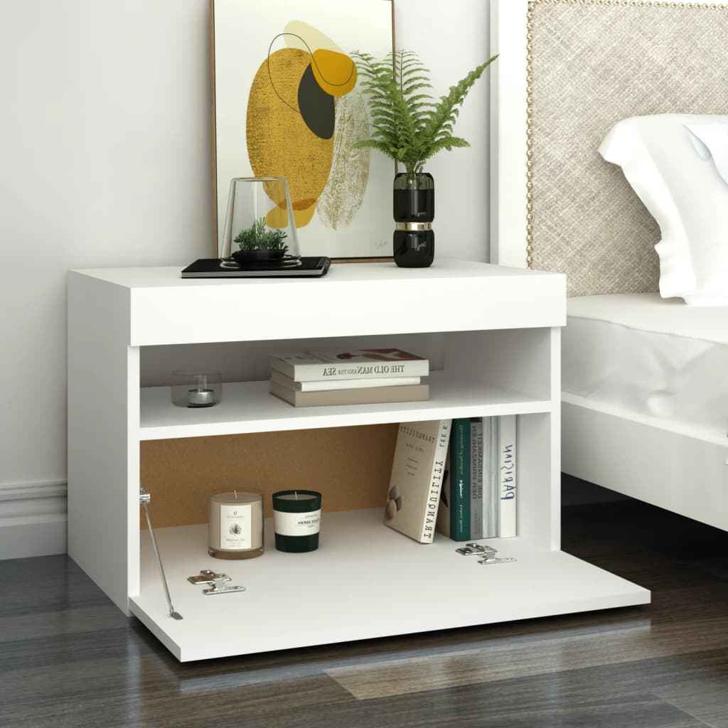vidaXL Mesa de cabeceira & luzes LED 60x35x40 cm deriv. madeira branco