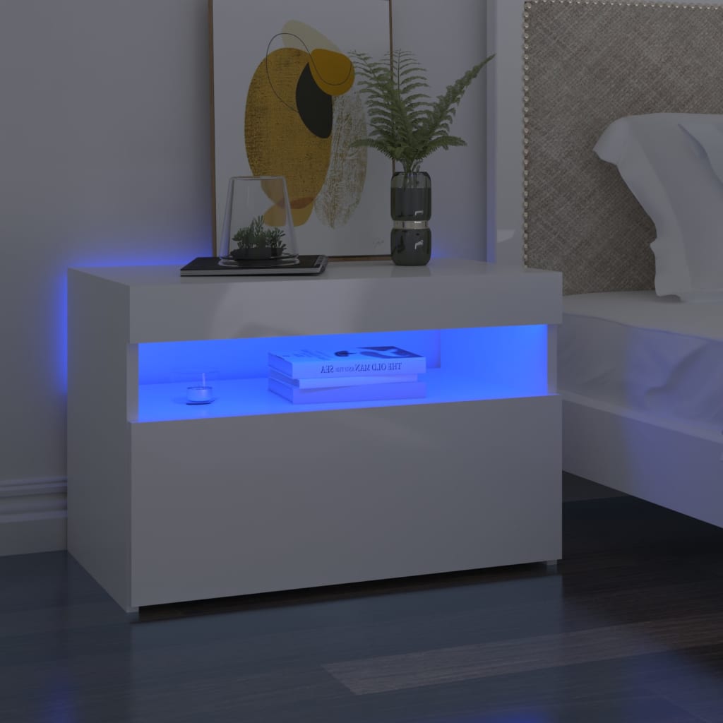 vidaXL Mesa de cabeceira & luzes LED 60x35x40 cm deriv. madeira branco