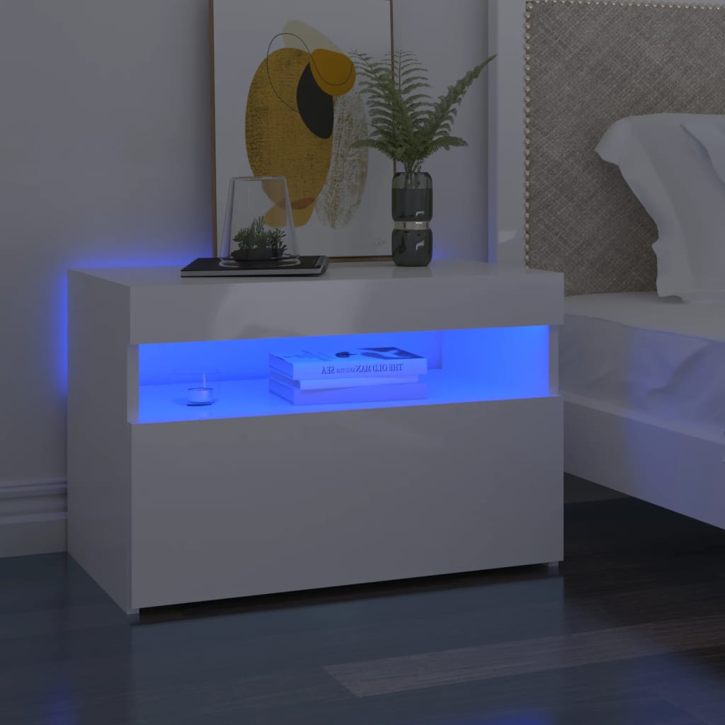 vidaXL Mesa de cabeceira & luzes LED 60x35x40 cm deriv. madeira branco