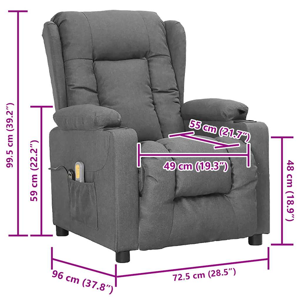 vidaXL Poltrona elevatória de massagens tecido cinzento-claro