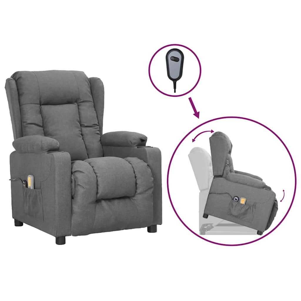 vidaXL Poltrona elevatória de massagens tecido cinzento-claro