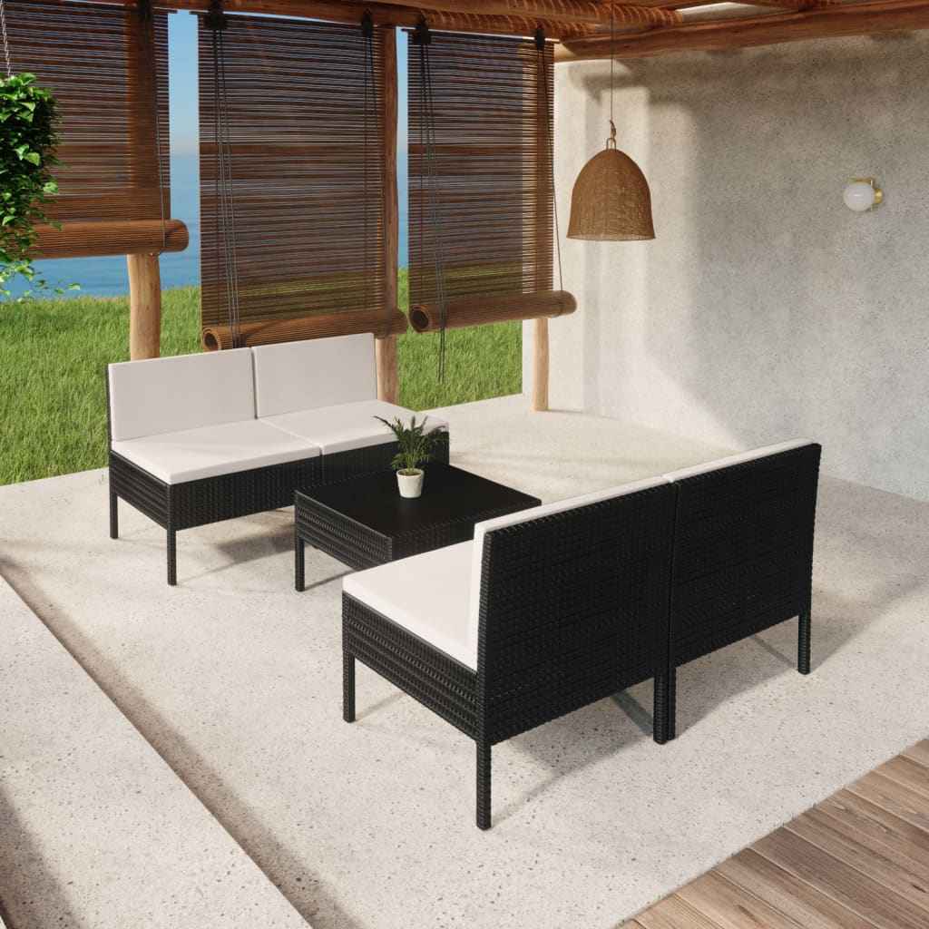 vidaXL 5 pcs conjunto lounge de jardim c/ almofadões vime PE preto