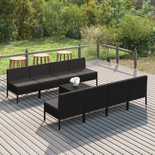 vidaXL 9 pcs conjunto lounge de jardim c/ almofadões vime PE preto