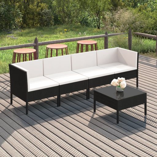 vidaXL 5 pcs conjunto lounge de jardim c/ almofadões vime PE preto