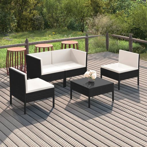 vidaXL 5 pcs conjunto lounge de jardim c/ almofadões vime PE preto