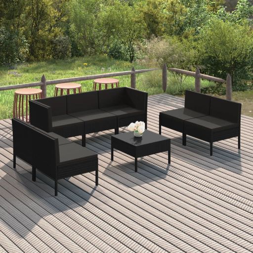 vidaXL 9 pcs conjunto lounge de jardim c/ almofadões vime PE preto