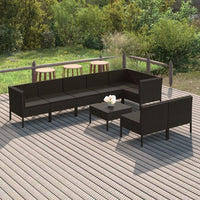 vidaXL 9 pcs conjunto lounge de jardim c/ almofadões vime PE preto