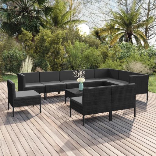 vidaXL 9 pcs conjunto lounge de jardim c/ almofadões vime PE preto