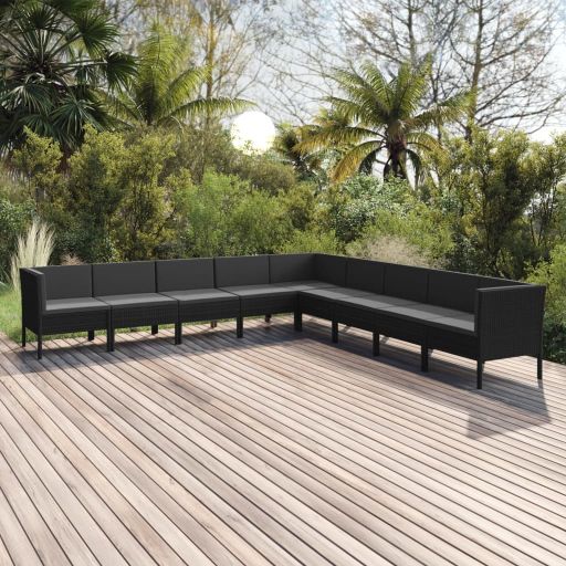 vidaXL 9 pcs conjunto lounge de jardim c/ almofadões vime PE preto