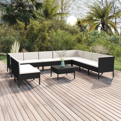 vidaXL 5 pcs conjunto lounge de jardim c/ almofadões vime PE preto