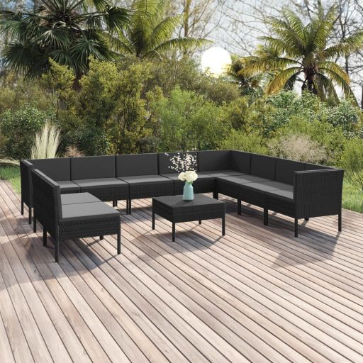 vidaXL 9 pcs conjunto lounge de jardim c/ almofadões vime PE preto