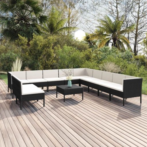 vidaXL 5 pcs conjunto lounge de jardim c/ almofadões vime PE preto