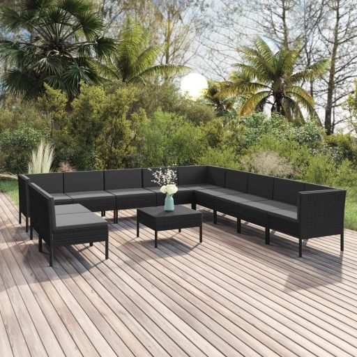 vidaXL 9 pcs conjunto lounge de jardim c/ almofadões vime PE preto
