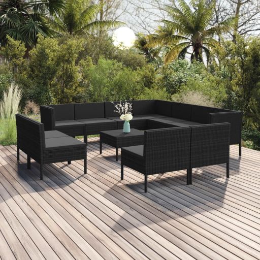 vidaXL 9 pcs conjunto lounge de jardim c/ almofadões vime PE preto
