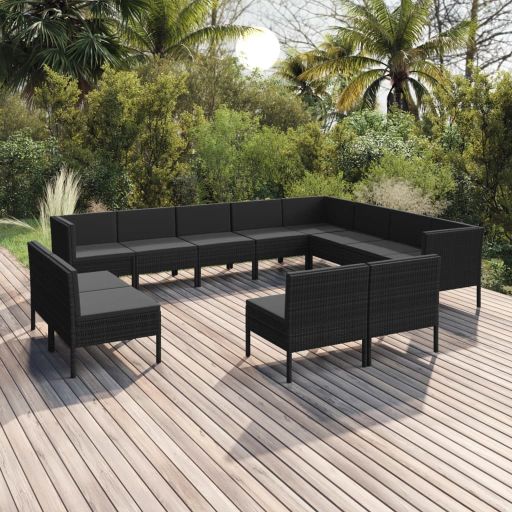 vidaXL 9 pcs conjunto lounge de jardim c/ almofadões vime PE preto