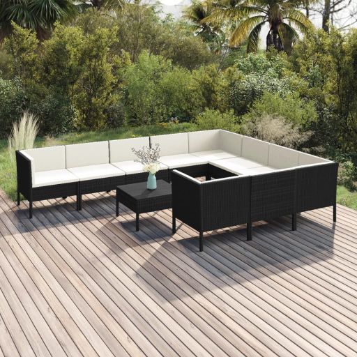 vidaXL 5 pcs conjunto lounge de jardim c/ almofadões vime PE preto