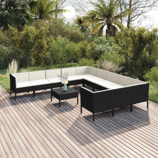 vidaXL 5 pcs conjunto lounge de jardim c/ almofadões vime PE preto