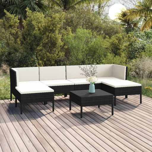 vidaXL 5 pcs conjunto lounge de jardim c/ almofadões vime PE preto