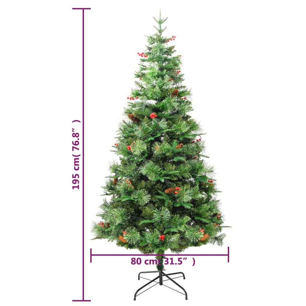 vidaXL Árvore de Natal com pinhas pré-iluminada 225 cm PVC e PE verde