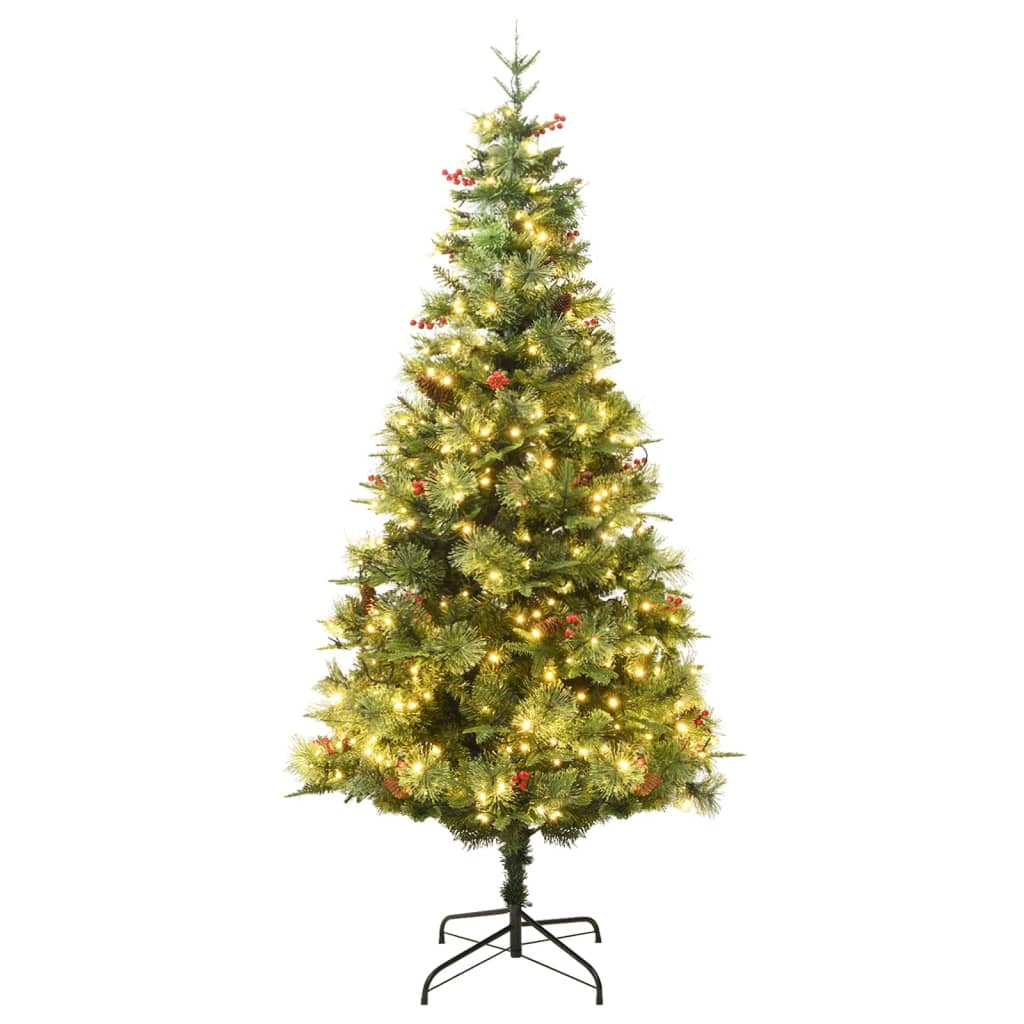vidaXL Árvore de Natal com pinhas pré-iluminada 225 cm PVC e PE verde