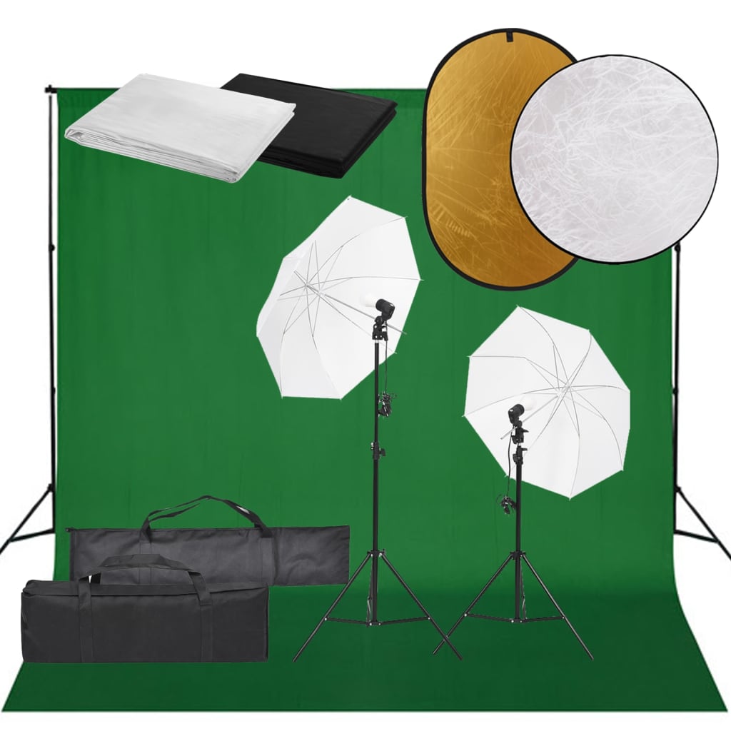 vidaXL Kit estúdio fotográfico c/ conj. de iluminação/fundo/refletor