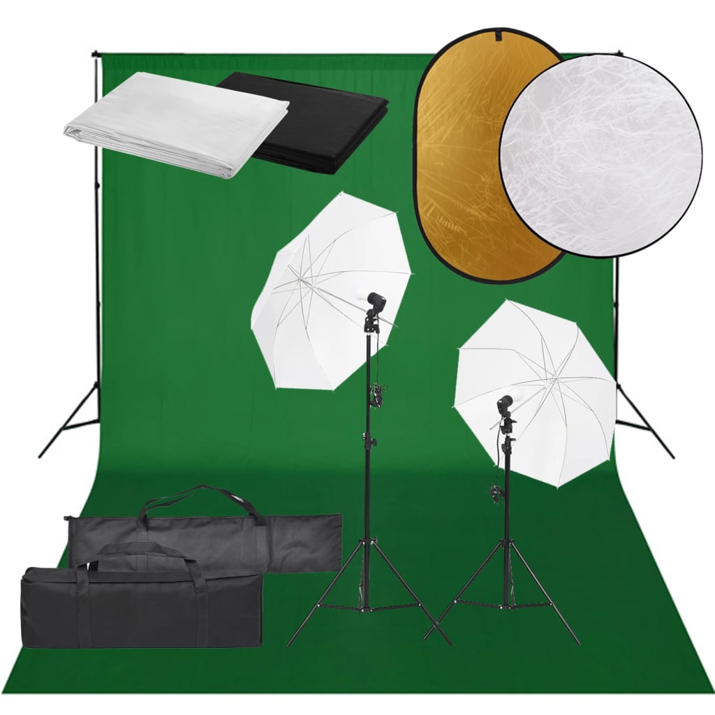 vidaXL Kit estúdio fotográfico c/ conj. de iluminação/fundo/refletor