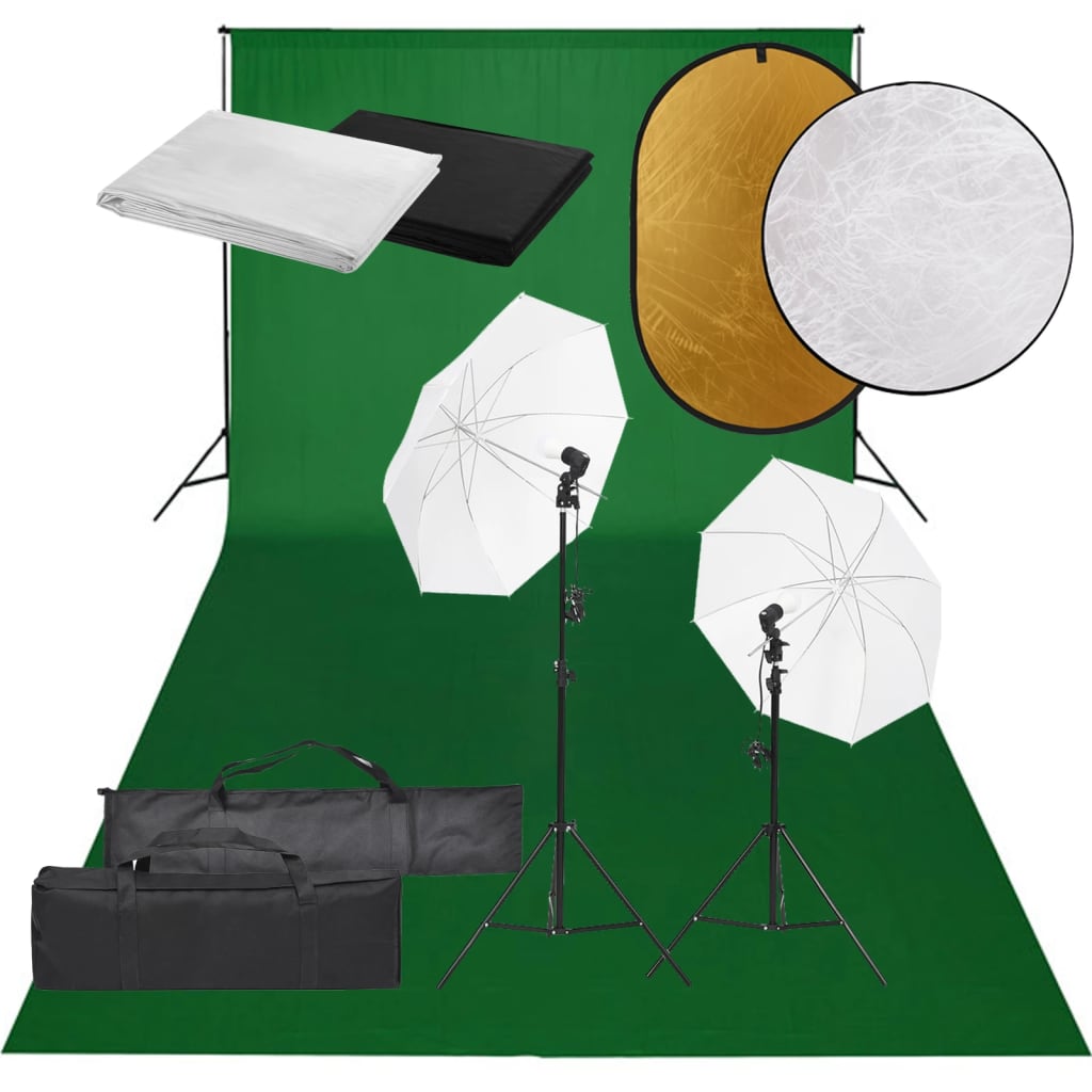 vidaXL Kit estúdio fotográfico c/ conj. de iluminação/fundo/refletor