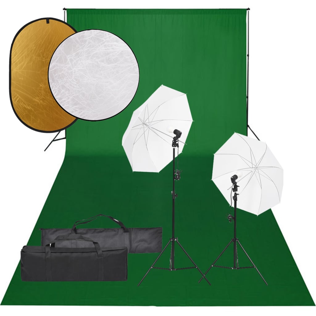 vidaXL Kit estúdio fotográfico c/ conj. de iluminação/fundo/refletor