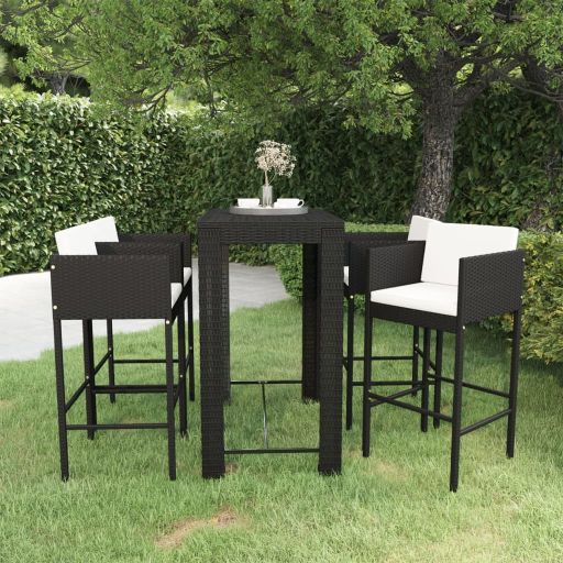 vidaXL 5 pcs conjunto de bar p/ jardim com almofadões vime PE castanho