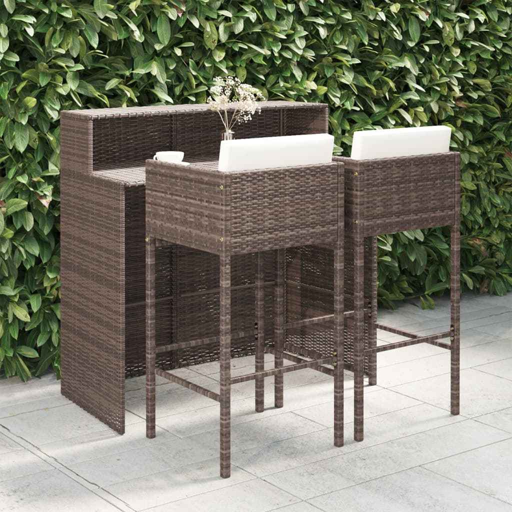 vidaXL 3 pcs conjunto de bar p/ jardim com almofadões vime PE castanho