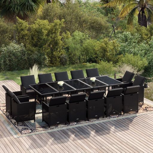 vidaXL 11 pcs conjunto jantar p/ jardim c/ almofadões vime PE preto