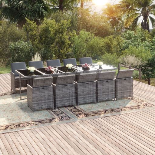 vidaXL 11 pcs conjunto jantar p/ jardim c/ almofadões vime PE preto