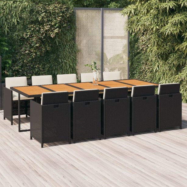 vidaXL 11 pcs conjunto jantar p/ jardim c/ almofadões vime PE preto