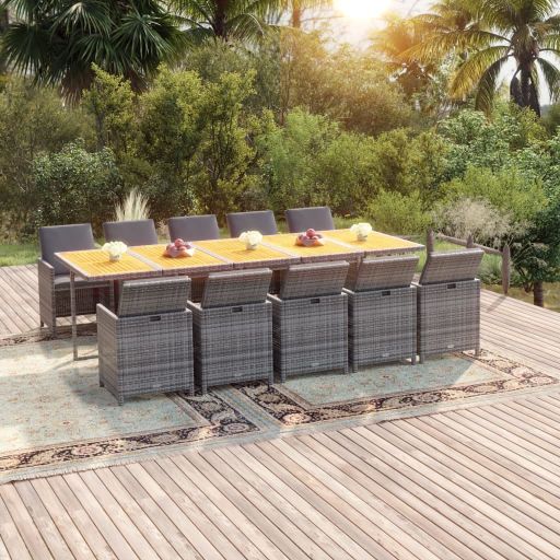 vidaXL 11 pcs conjunto jantar p/ jardim c/ almofadões vime PE preto