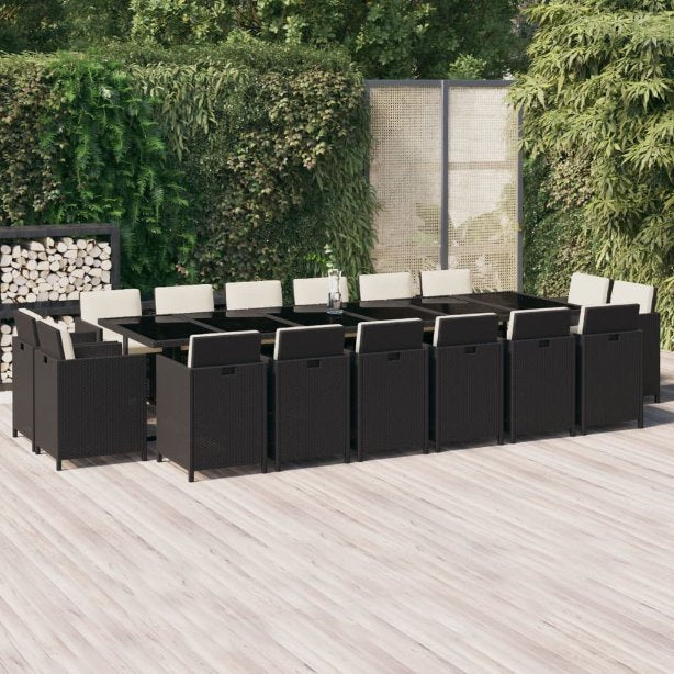 vidaXL 17 pcs conjunto jantar p/ jardim c/ almofadões vime PE preto