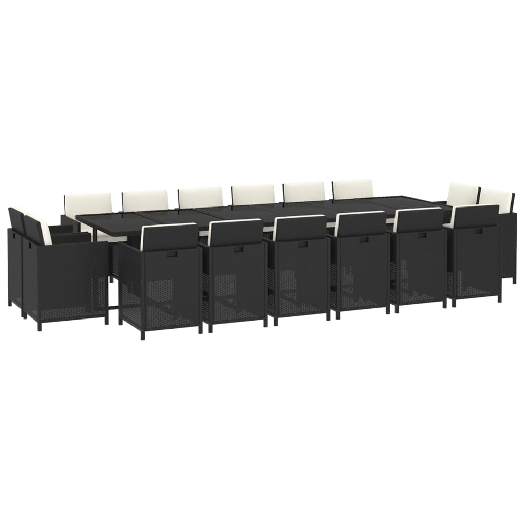 vidaXL 17 pcs conjunto jantar p/ jardim c/ almofadões vime PE preto