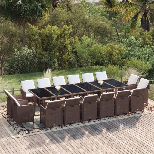 vidaXL 17 pcs conjunto jantar p/ jardim c/ almofadões vime PE preto