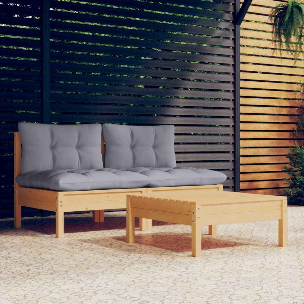 vidaXL 3 pcs conjunto lounge de jardim c/ almofadões cinzentos pinho