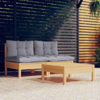 vidaXL 3 pcs conjunto lounge de jardim c/ almofadões cinzentos pinho
